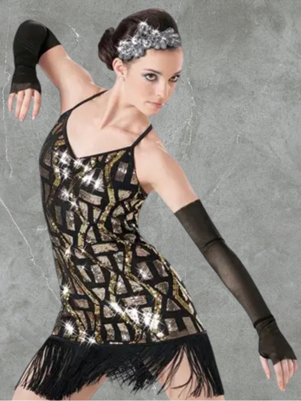 Dance Costume | Black Fringe Flapper Costume with Gold Geometric Sequin Panels - Picture 5 of 16